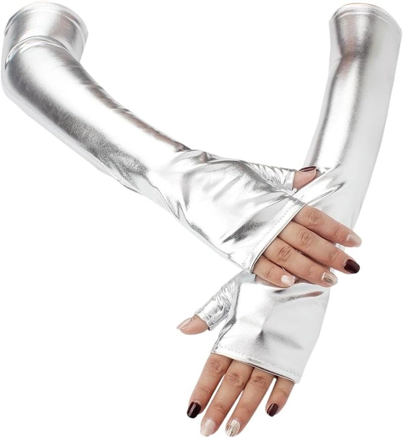 CALFOVERA Shiny Metallic PU Leather Fingerless Gloves Silver Long Half Palm Rock Stage Gloves Stretchy Gothic Punk Dress Up Arm Warmer Arm Sleeves for Women Girls Halloween Costume Party Cosplay - Image 1